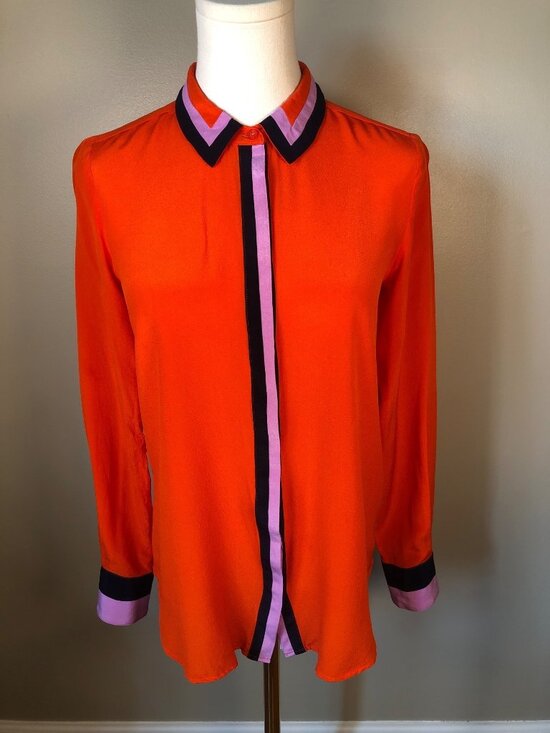 Boden Tops - Boden 100% Silk Orange Button Down Blouse With Accent Contrast Trim Size 2 Artsy